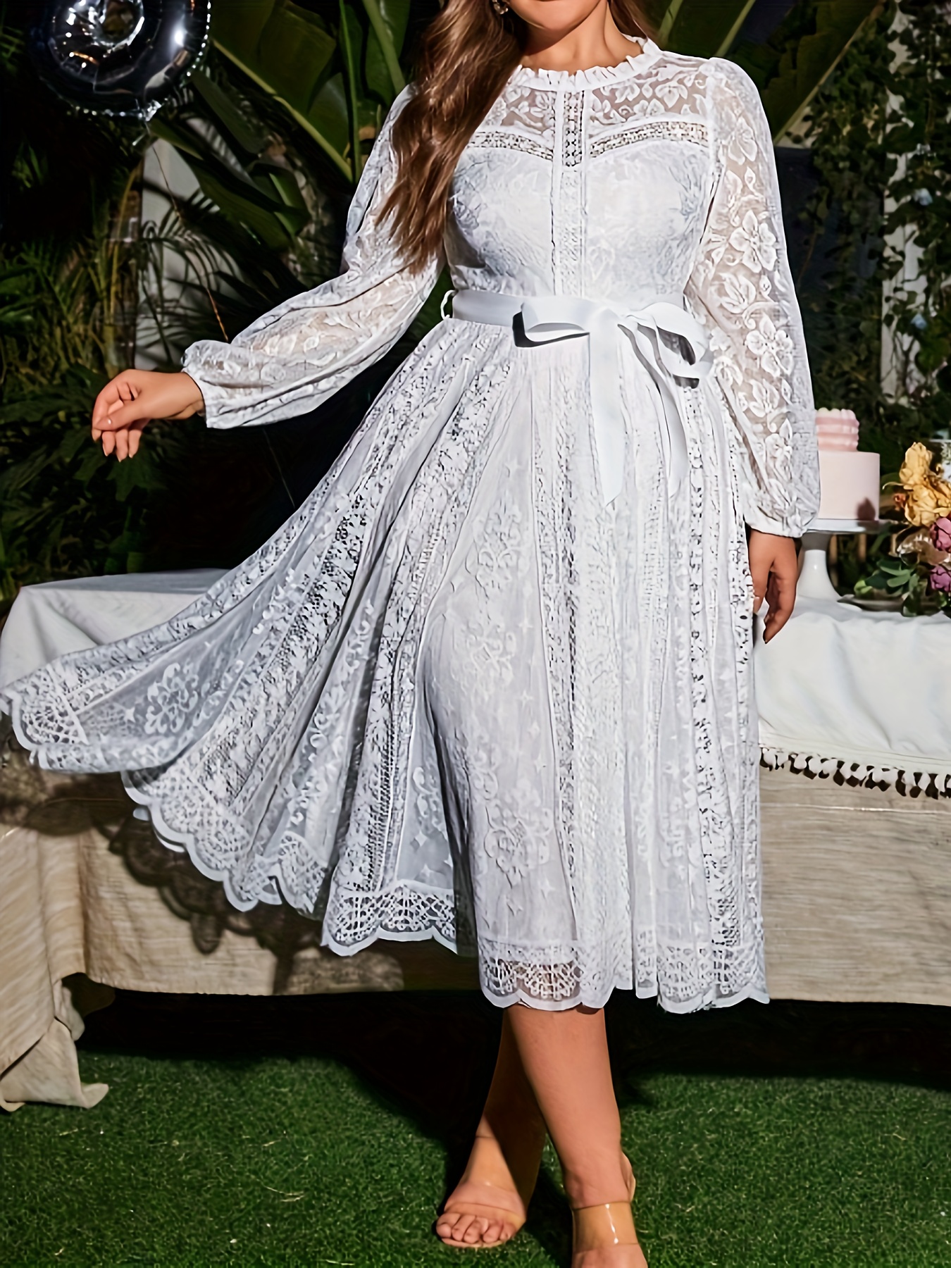 Elegant Plus Size Women's Lace Dress with Lantern Sleeves and Tie Waist -  Solid Color, High-Low Hem, Polyester, Machine Washable