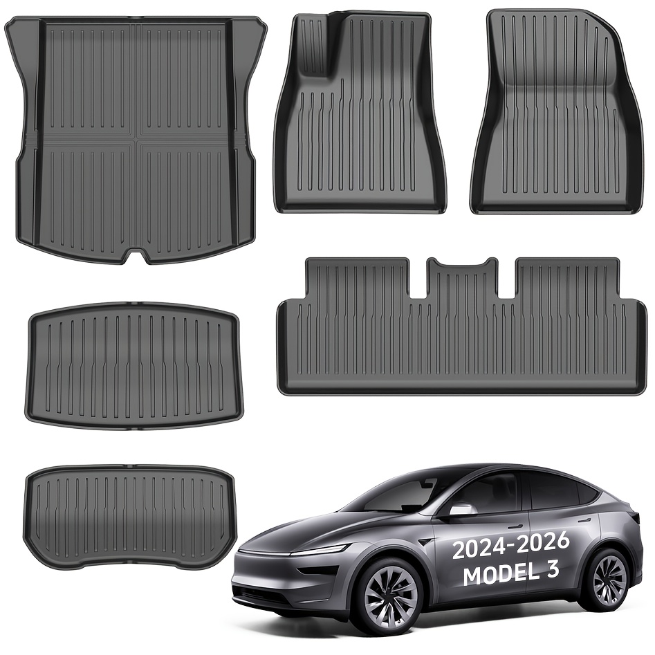 TEMU 6pcs Compatible For Model 3 Floor Mats (2024-2025) - Heavy-duty Tpe Full Coverage Car Floor Liners With Trunk & Back Seat Cover, Easy-clean