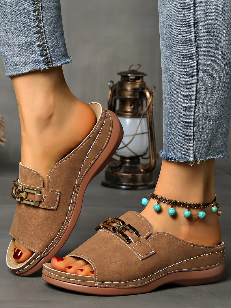 womens wedge sandals with metallic chain design casual open toe slip on platform shoes beige cover summer for versatile footwear stylish sandals cover sandals Product details 3