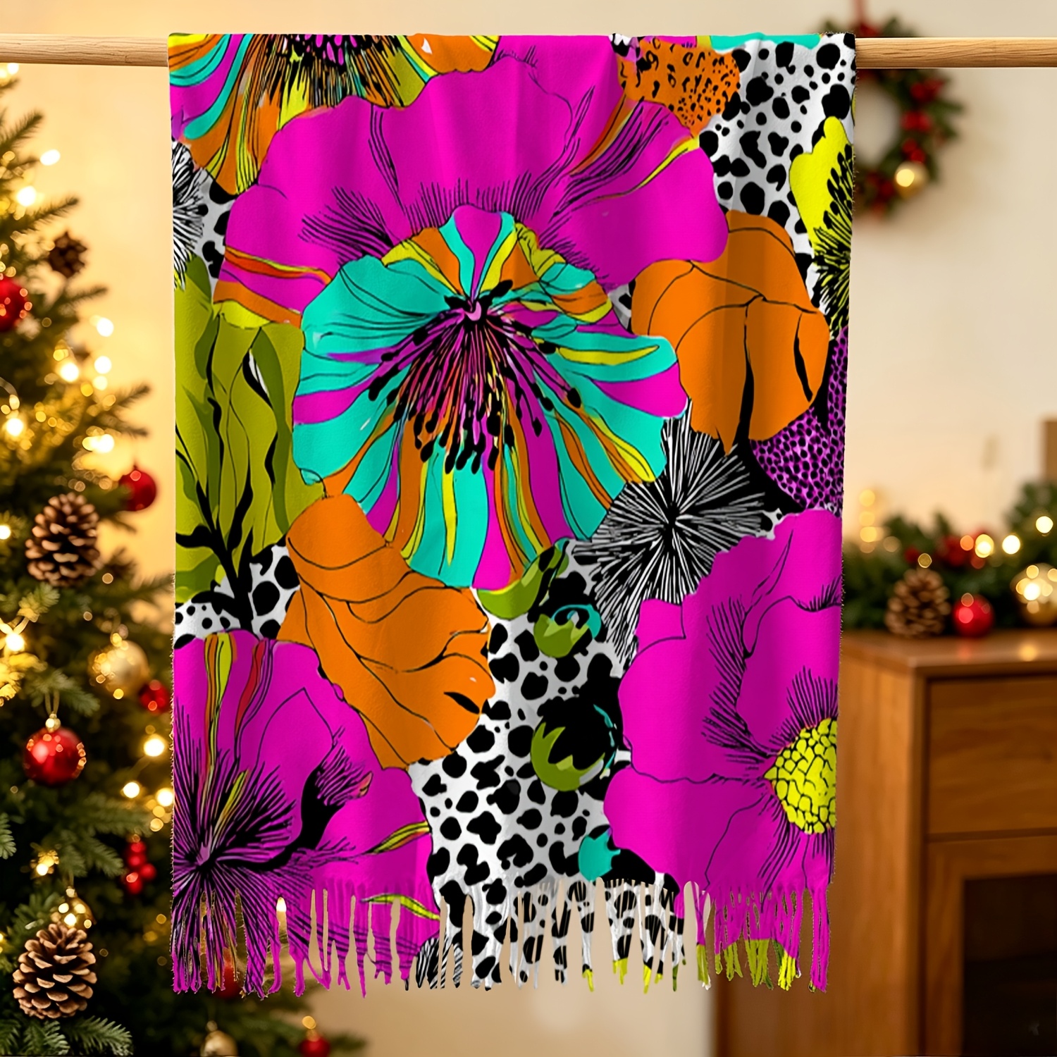 TEMU 1pc Fashionable Tassel Design Scarf | Neon Floral Leopard Block - Comfortable And Snug For Daily Wear, Printed Tassel Scarf, Loose And Casual