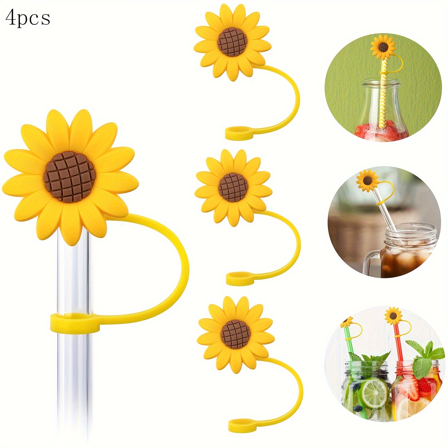 

4pcs Sunflower Silicone Straw Covers - Reusable, Dustproof & For - Perfect Gift Idea, Decorative, Drinking Accessories