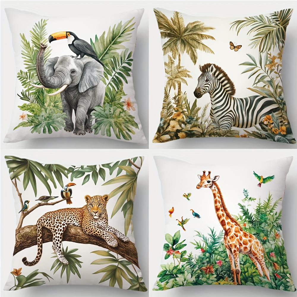TEMU 4 pièces, Taies d'oreiller imprimées, Éléphant, Zèbre, Léopard, , , Papillon, Perroquet, etc., Riches en couleurs. pour les rassemblements