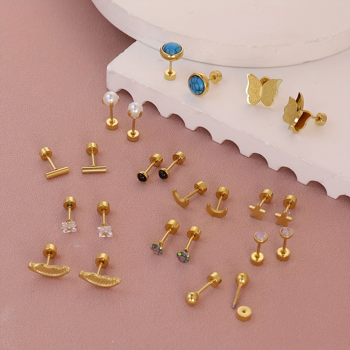12 pairs sets of 316 316 316   steel   pentagram moon round synthetic turquoise stud earrings easy and fashionable earrings suitable for daily wear suitable as gifts for relatives   during holidays