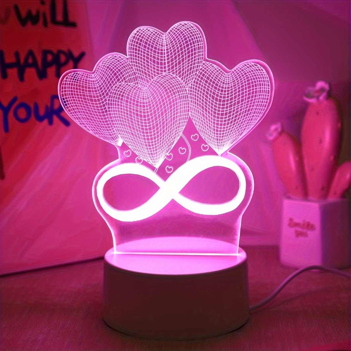 

1pc Modern 3d Led Night Light, Pink Heart & , Usb Powered Tabletop Lamp With Switch Control, Plastic For Bedroom, Dining, Study Room Decor, Ideal For Birthday, Christmas Gifts