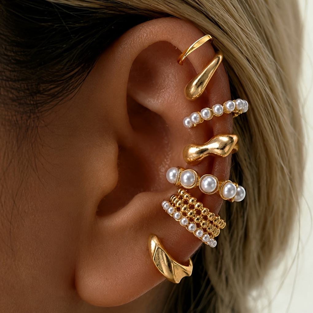 TEMU 7pcs Women's Fashion Clip Earrings Retro Fashion Elegant Easy Pearl Ear Clips Random Matching Set Suitable For Women' And Holiday Gifting For