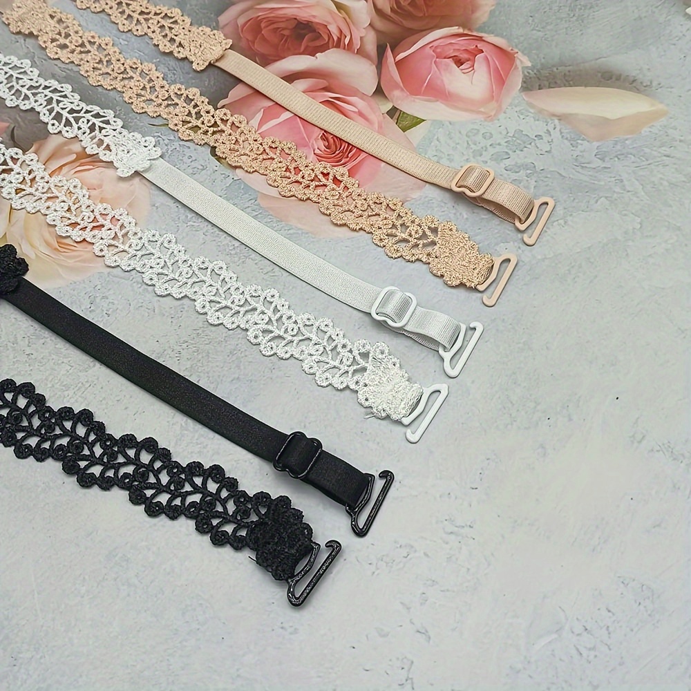 1 Pair Floral Bra Straps - Adjustable Replacement Shoulder Straps for Lingerie, Beige/White/Black with Metal Clasps, Polyester Fabric, Women's Fashion Accessories