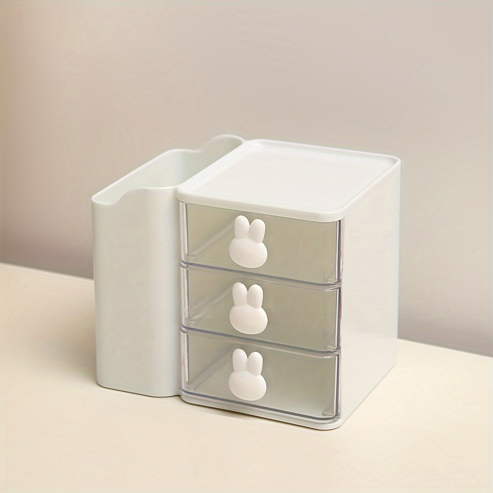Image of 1pc 3-layer Drawer Type Storage Box With Pen Container, Multifunctional Stationery Desktop Organizer For Office, Cute Rabbit Shaped Handle Storage Drawer, Table Decor, Desk Additions