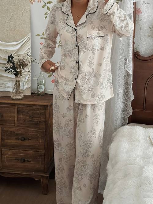 spring and autumn womens printed cardigan pajama set long sleeve long pants casual animal print loungewear botanical print comfortable collared set with button elastic waistband two piece outfit