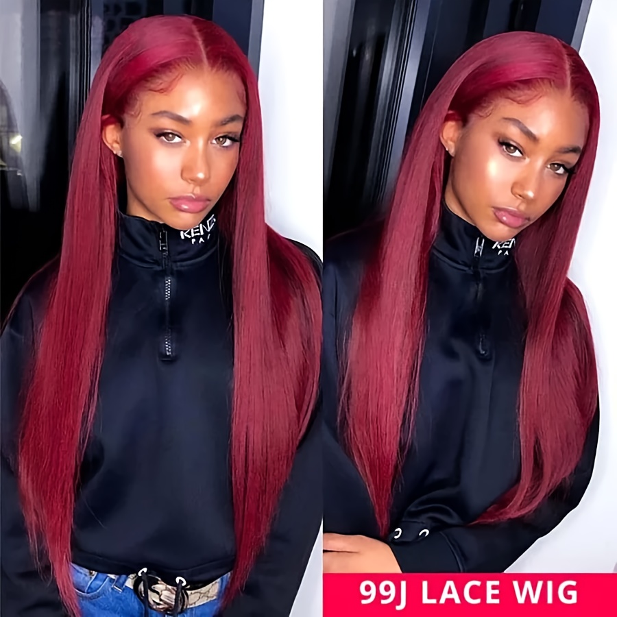 99j Burgundy Straight Lace Front Human Hair Wig 13x4 Hd - Temu