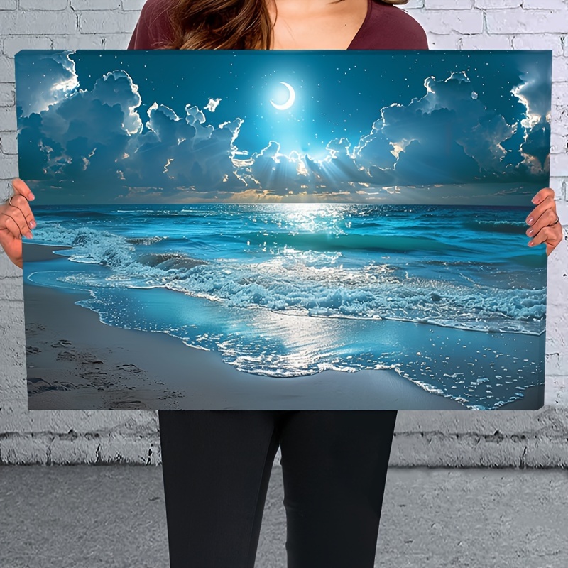 

Sea Canvas Wall Art - Wooden , Ready To Hang, Beach And Moon Scene Print For Living Room, Bedroom, Or Festival Party Decor, Beach Theme Decor, 2d, Room Decor