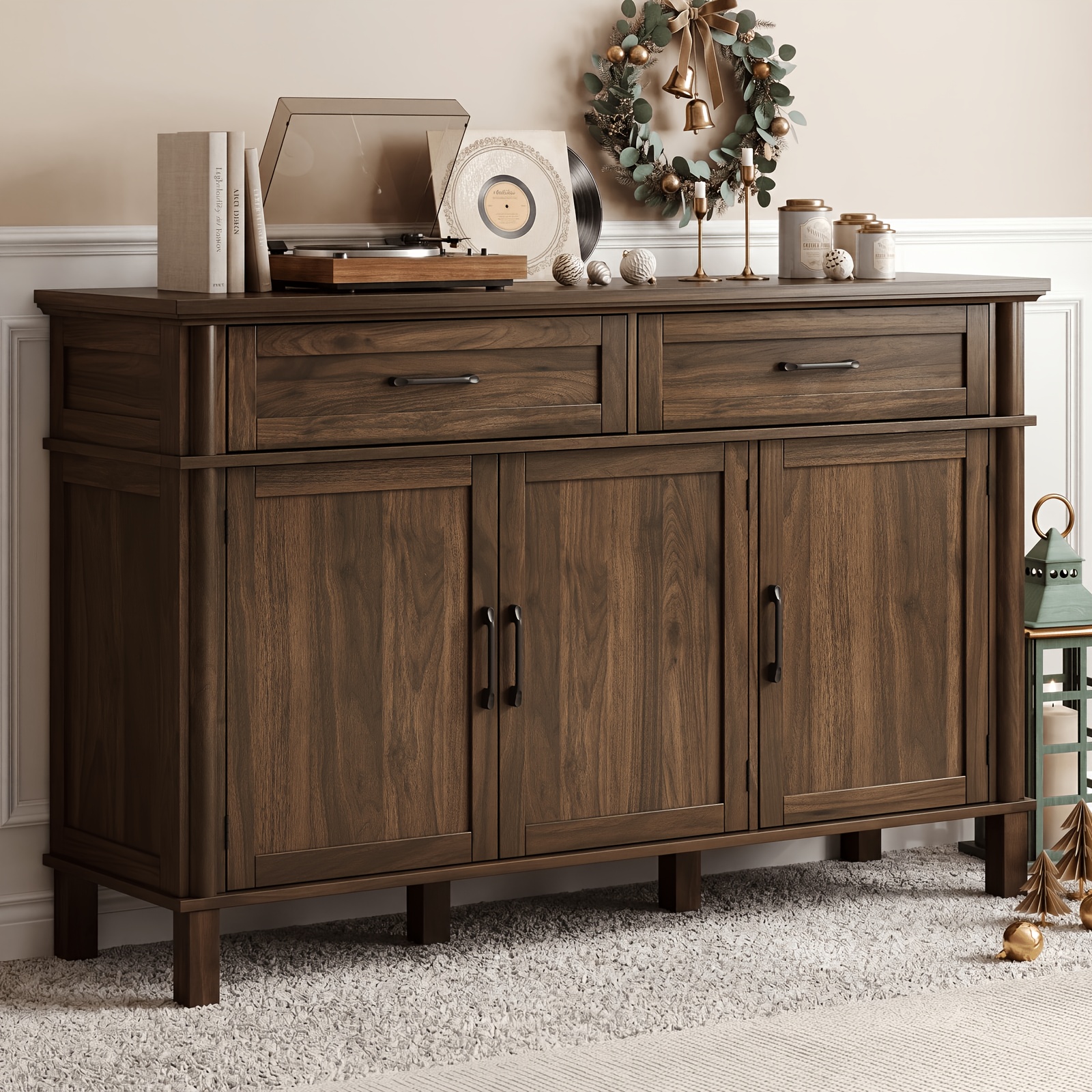 Farmhouse 48 Inch Buffet Cabinet with Storage, 48 Inch Sideboard with 2 Drawers And 3 Doors - Wood Coffee Bar Cabinet with Adjustable Shelves for Kitchen, Dining Room, Living Room