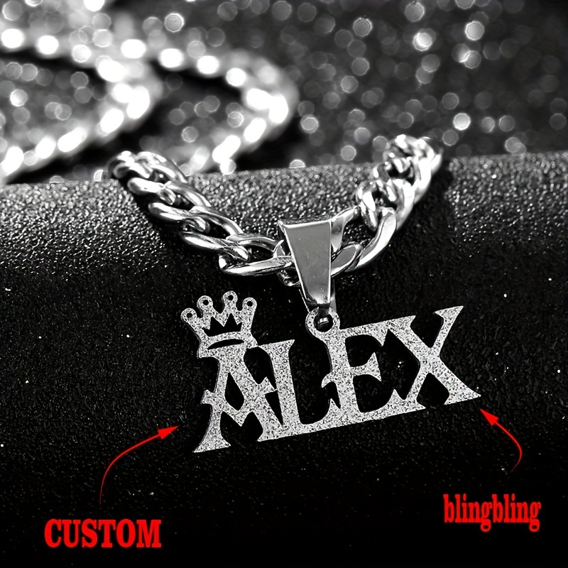 

Custom Name Necklace With Crown Charm - Glamorous Style Stainless Steel Pendant Necklace For Men, Personalized Jewelry Gift For Boyfriend Or Family Member, No Plating, Non-magnetic