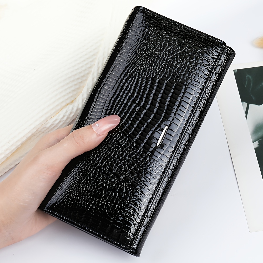Image of Women's Long Leather Wallet Bifold Design Handbag, Genuine Patent Leather Multi Card Magnetic Large Capacity Wallet And Id Card Holder Gift For Valentine's Day