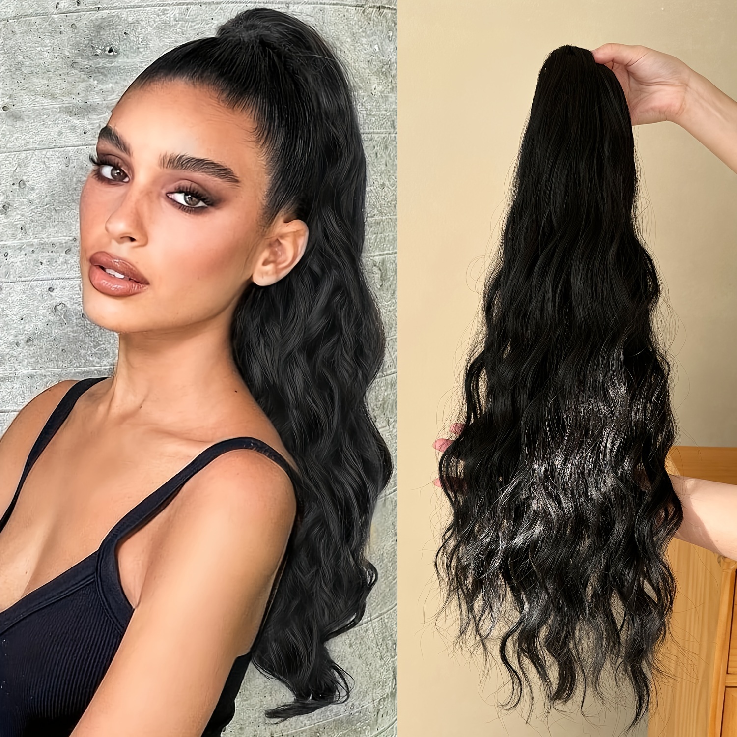 Ponytail Extension Curly Synthetic Hair 22 Inch Clip-In Wavy Natural Look Amazon.com : BARSDAR 22 Inch Black Curly Wavy Drawstring  main image 4