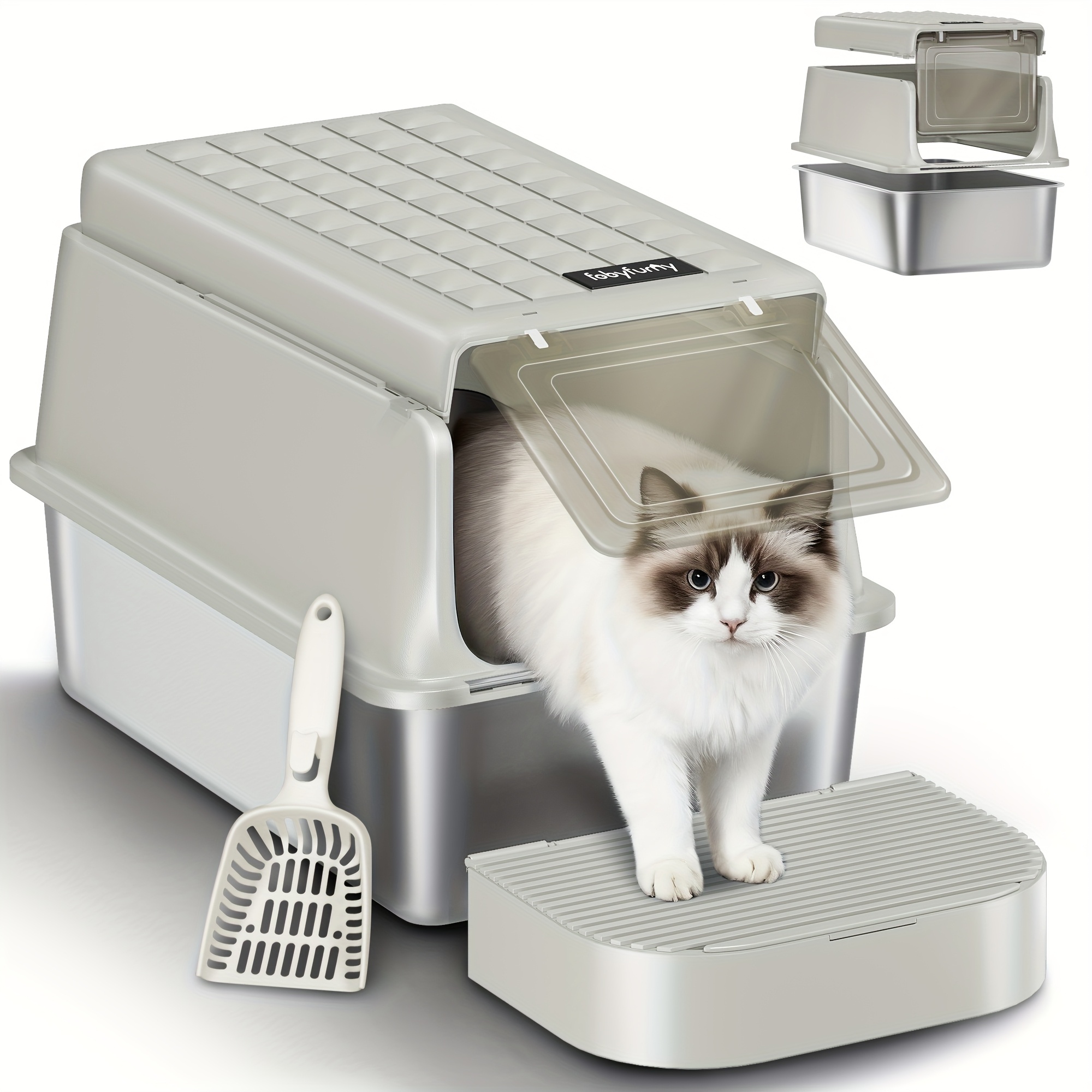 TEMU Stainless Steel Litter Box With Lid, Xl Enclosed Metal Litter Box, Cat Litter Box With Scoop , Removable, 120Â° Hinged Lid, Easy To Clean, Light