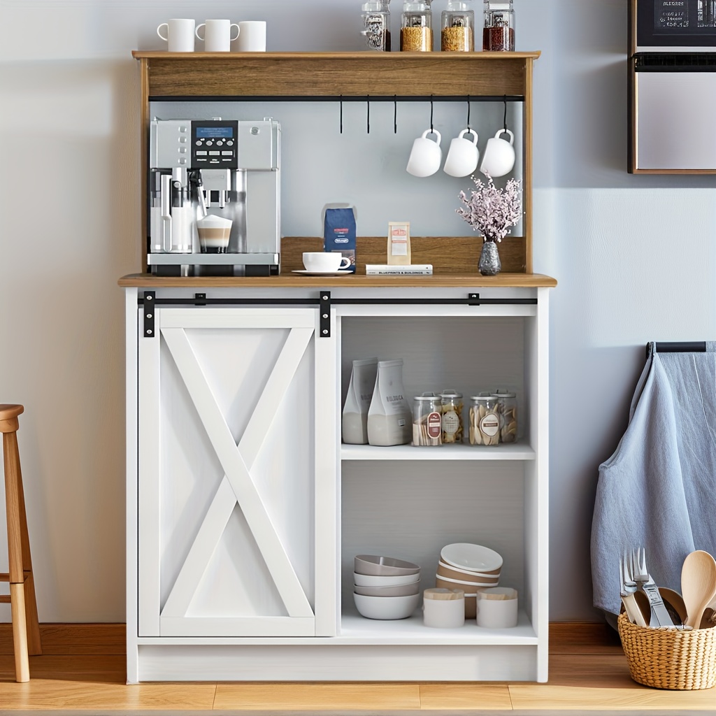 Farmhouse Coffee Cabinet With 6 Hooks, Coffee Cabinet Hutch With Storage, 50 Inch Buffet Cabinet With Sliding Barn Door, Coffee Table With Adjustable Shelves For Living Dining Room, White