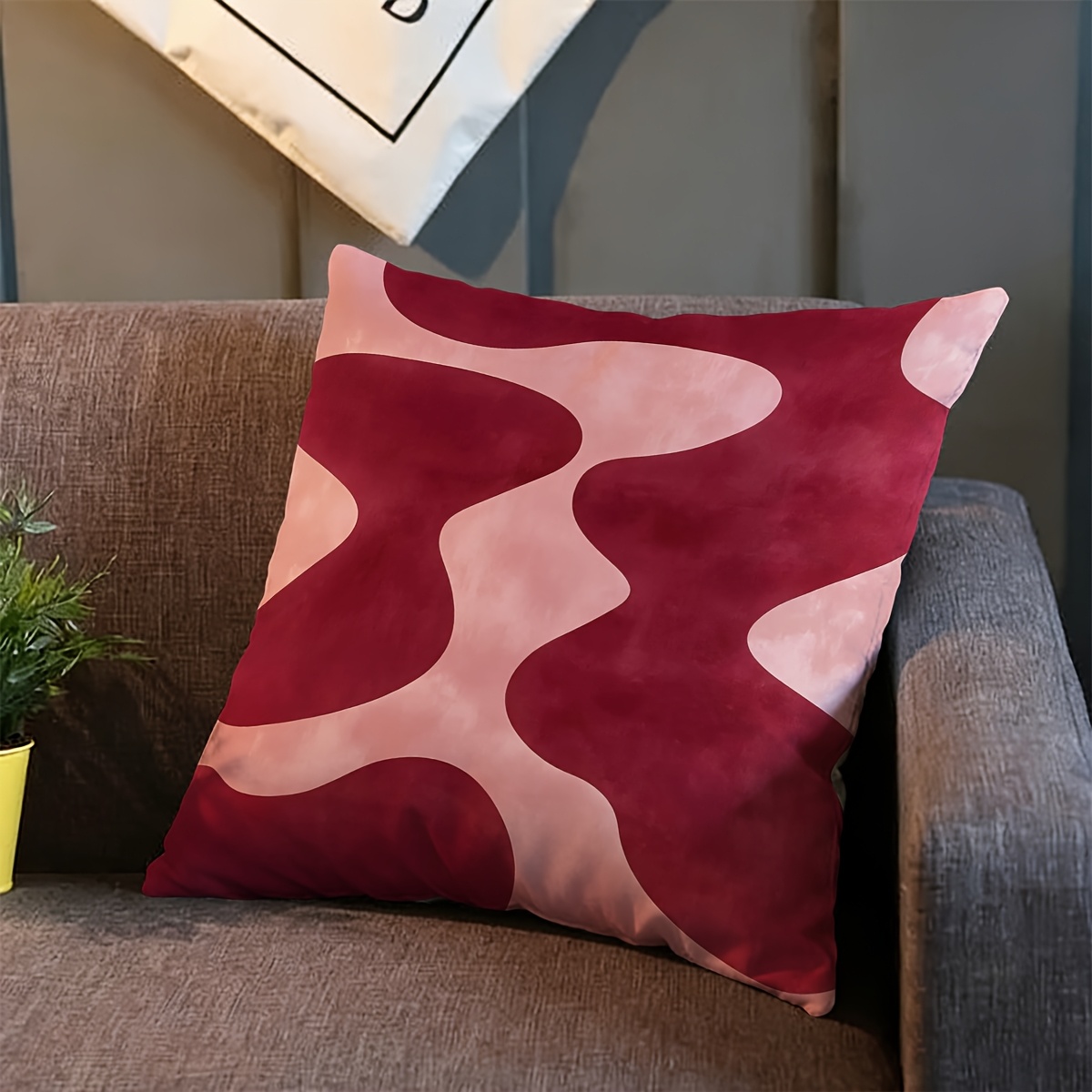 TEMU 1pc Scandinavian Modern Abstract Cushion Cover - Pink & Burgundy Suitable For Sofa Bed Chair Decor, Zipper Closure Machine Washable Pillowcase