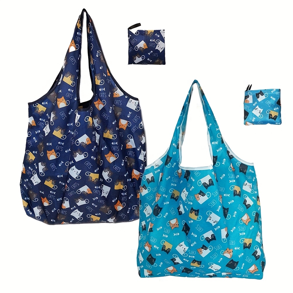 

2pcs Reusable Grocery Tote Bags With Cute Cat Design - Foldable & Washable, Large Capacity Shopping Bags With Handles, Lightweight Storage For Kitchen & Dining