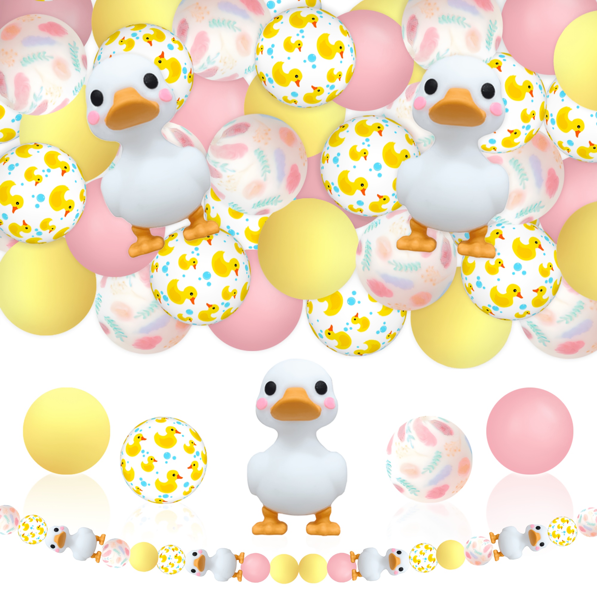 TEMU 25 Stück Perlen, 3D Weiße Enten-Fokus-Perlen, 15 mm Enten- und rosa Blumen-Druck-Perlen, Bauernhof-Tier-Perlen, Frühlingsfarbene Perlen,
