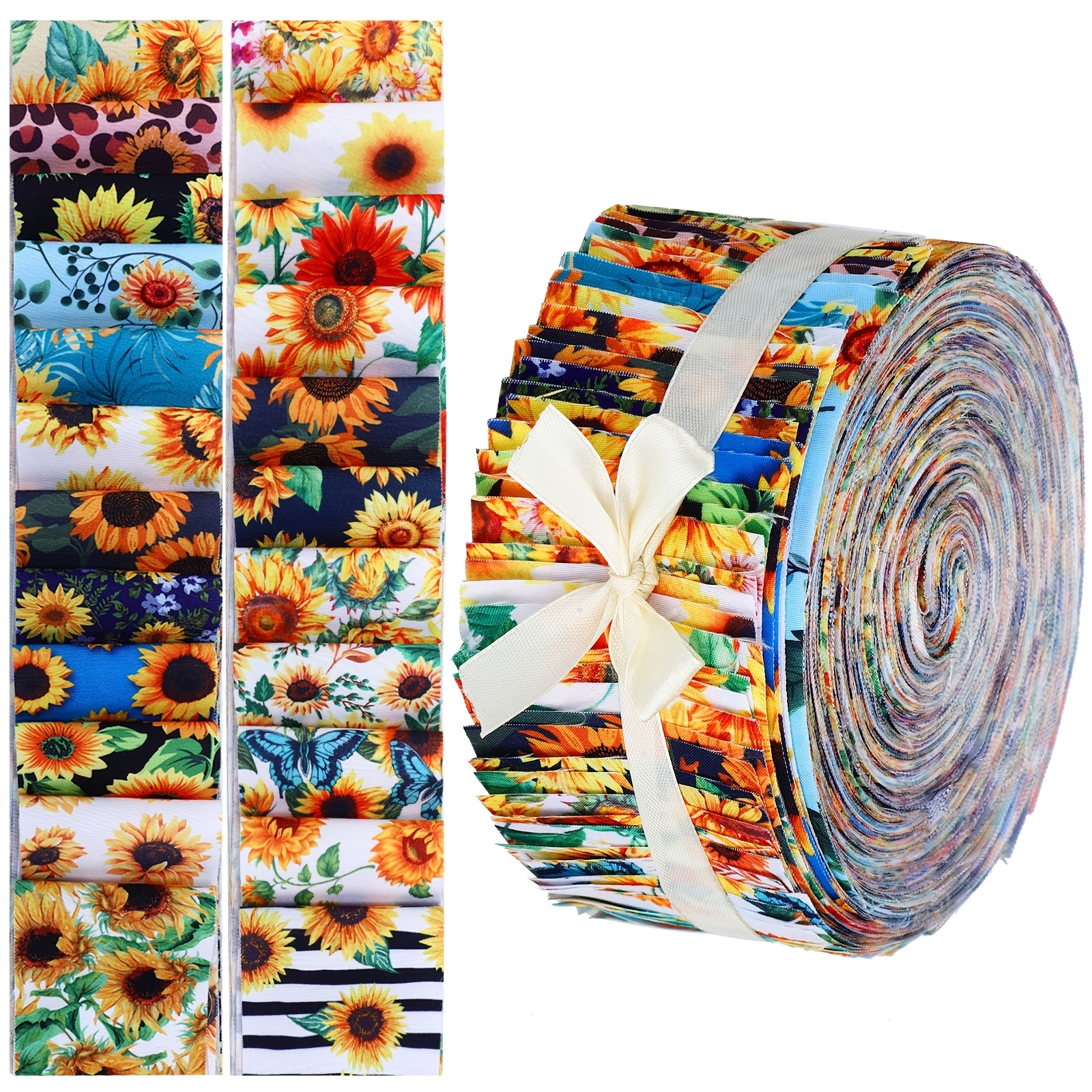 

70pcs Vibrant Sunflower Jelly Cotton Fabric Strips, 2.55" - Hand Washable Patchwork Rolls For Quilting & Diy Sewing Crafts, Floral Pattern