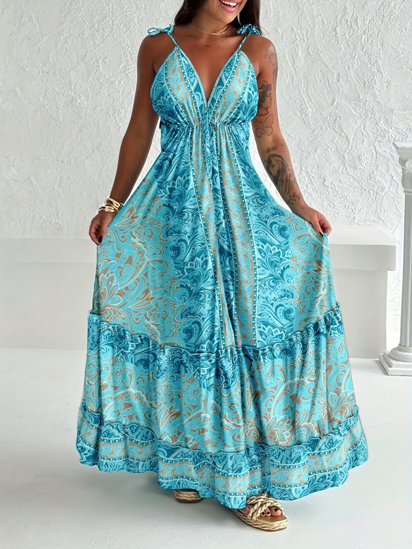 womens floral print maxi dress v neck spaghetti - Temu Mauritius