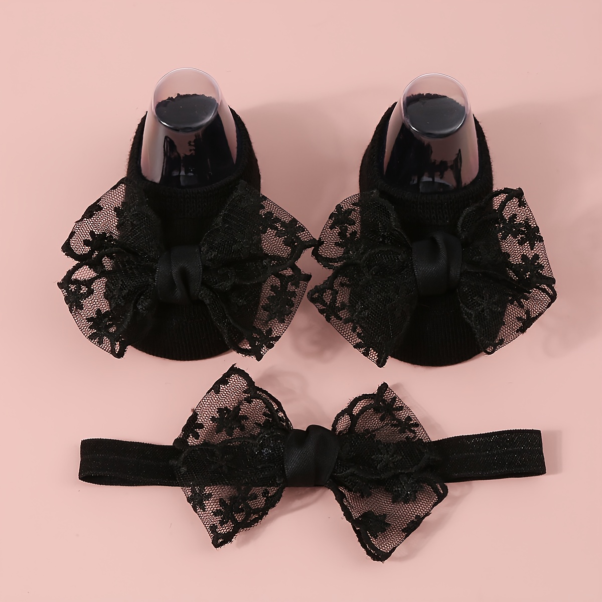 Image of 2pcs Set Baby Headband And Socks Knit Mesh Floor Socks Bow Headwear Baby Socks Headband Lace Dot Glue Walking Anti-slip Socks Suitable For 0-1 Year Old