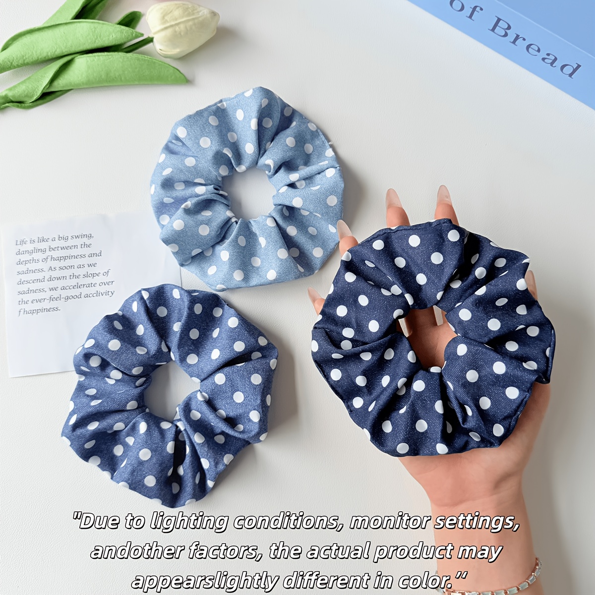 TEMU 3pcs Ligas para el cabello de mujer, elegantes y delicadas, de tela azul, moda, estampado de , cintas para el cabello, estilo y fácil, adiciones