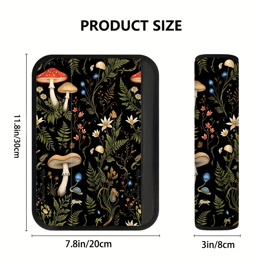 TEMU 2pcs Mushrooms, Flowers, Ferns, And On A Black Background. Car Seat Belt Cushion Pads, Comfortable And Breathable, Car Models, Best Gift For