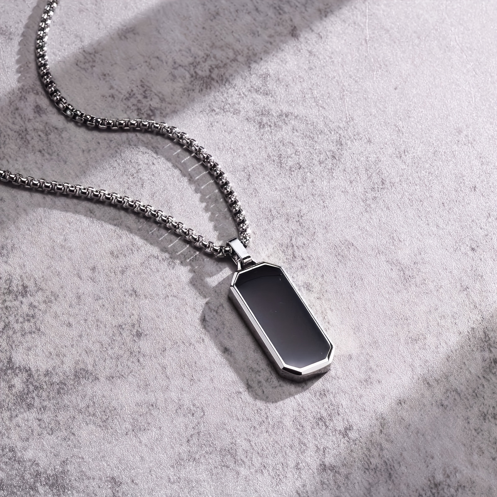 TEMU 1pc Elegant Men' Steel Necklace With Chic Black Enamel Geometric Pendant - Sleek, Durable, And Stylish, Perfect Gift For Him, Everyday