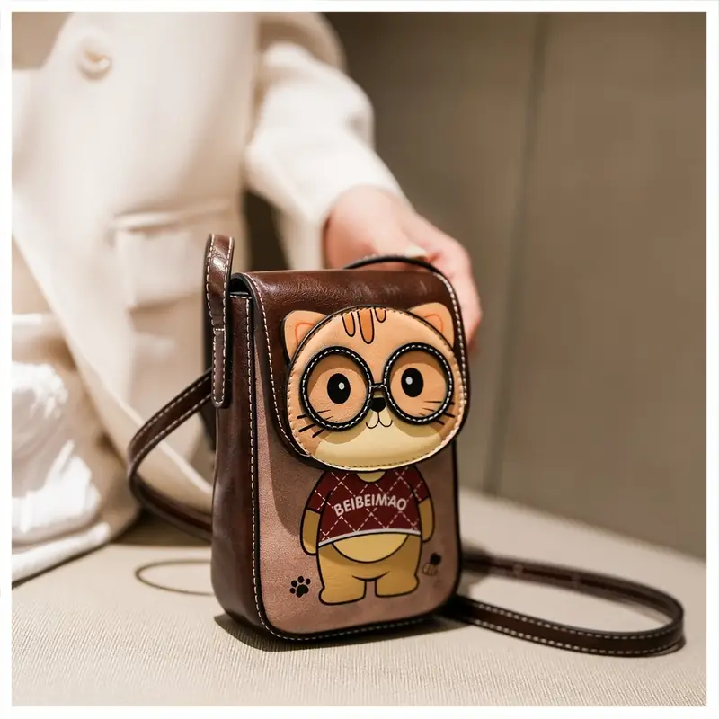 2025 mini cute cat animal print crossbody bag for women - adjustable strap, snap closure, nylon lining, olive brown/beige/pink - compact phone purse, mini purse, casual accessory, design, stylish , small handbag, casual wear, women s accessory, trendy accessory, durable material, women s handbag, details 1
