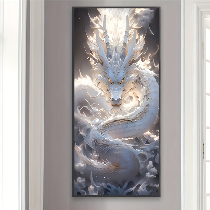 

5d White Dragon Diamond Painting Kit - 110x50cm Full Drill Acrylic Round Diamonds Art Embroidery Set, Diy Mosaic Animal Theme Craft, Frameless Stitch Wall Decor