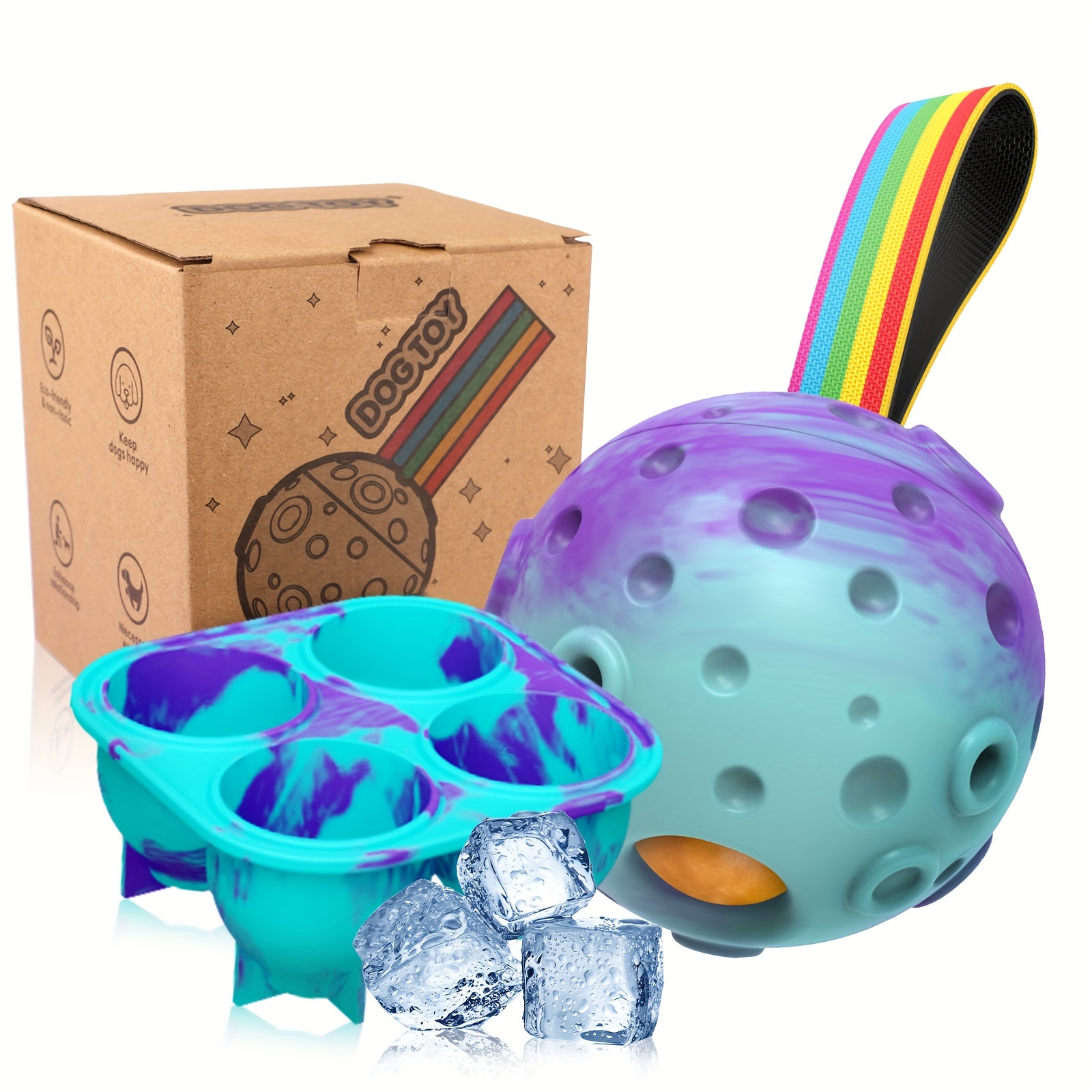 

Interactive Meteor Ball Dog Toy With Ice Cube Tray, Built-in Strap, Dog Treat Dispenser, And Puzzle Toy