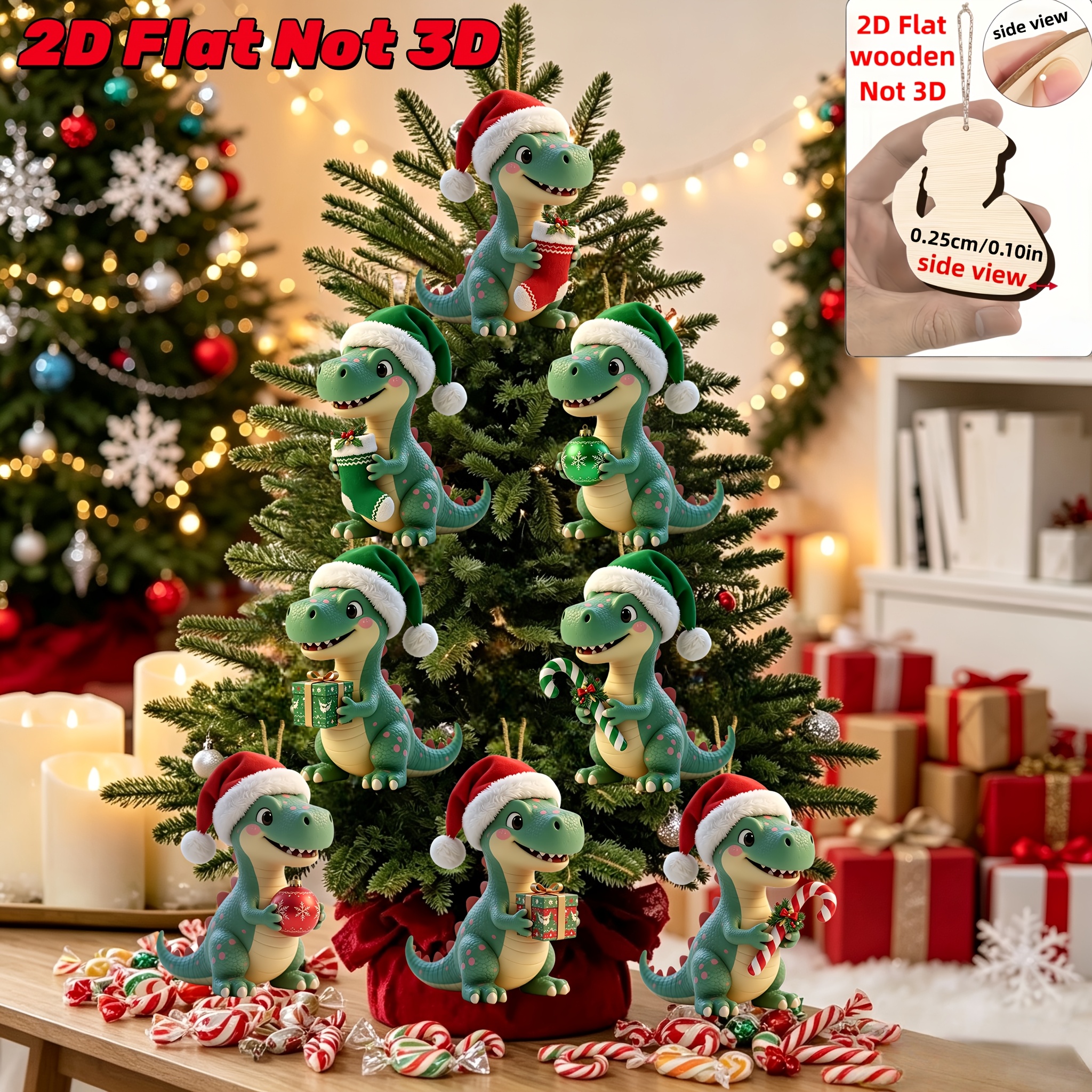 TEMU 2d Flat, 8pcs Christmas-themed Set Featuring 8 Fun Dinosaurs Holding Gift Boxes, Candy Canes, And Christmas Ornaments, Wooden Hanging Ornaments,