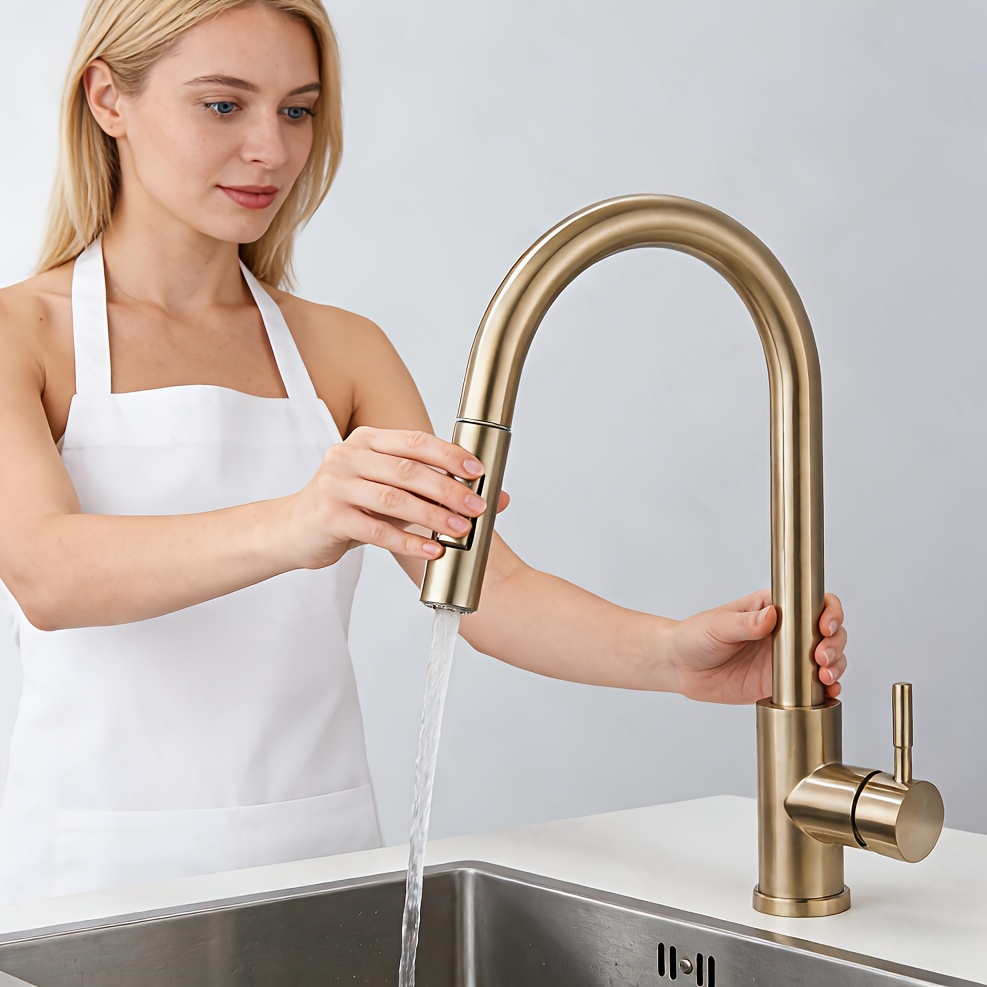 Brushed Golden & Brushed Silvery Kitchen Faucet, Single Lever Hot And Cold Mixer Tap, Modern Kitchen Tap With Pull-out Sprayer, Single Lever Single-hole Swivel Spout Tap For Kitchen & Bar