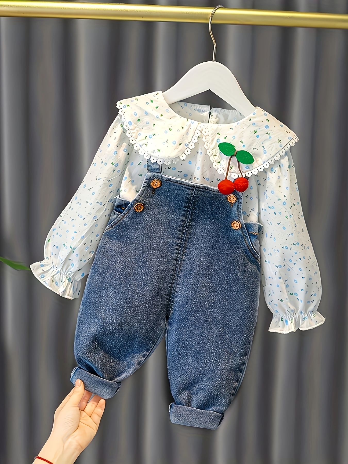 Girls Spring And Autumn Long Sleeve Floral Denim Overalls Set Autumn Baby  Girls Cute Cherry Fashion Two-Piece Set, for Outdoor