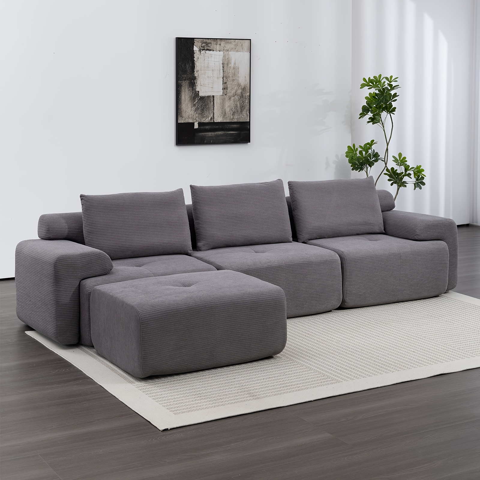 305cm Modern L-shaped Modular Sectional Sofa, No Assembly Modular Boneless Couch Oversized 3-seater Cloud Couch With Deep Seat And Movable Ottoman For Living Room - Corduroy Upholstery