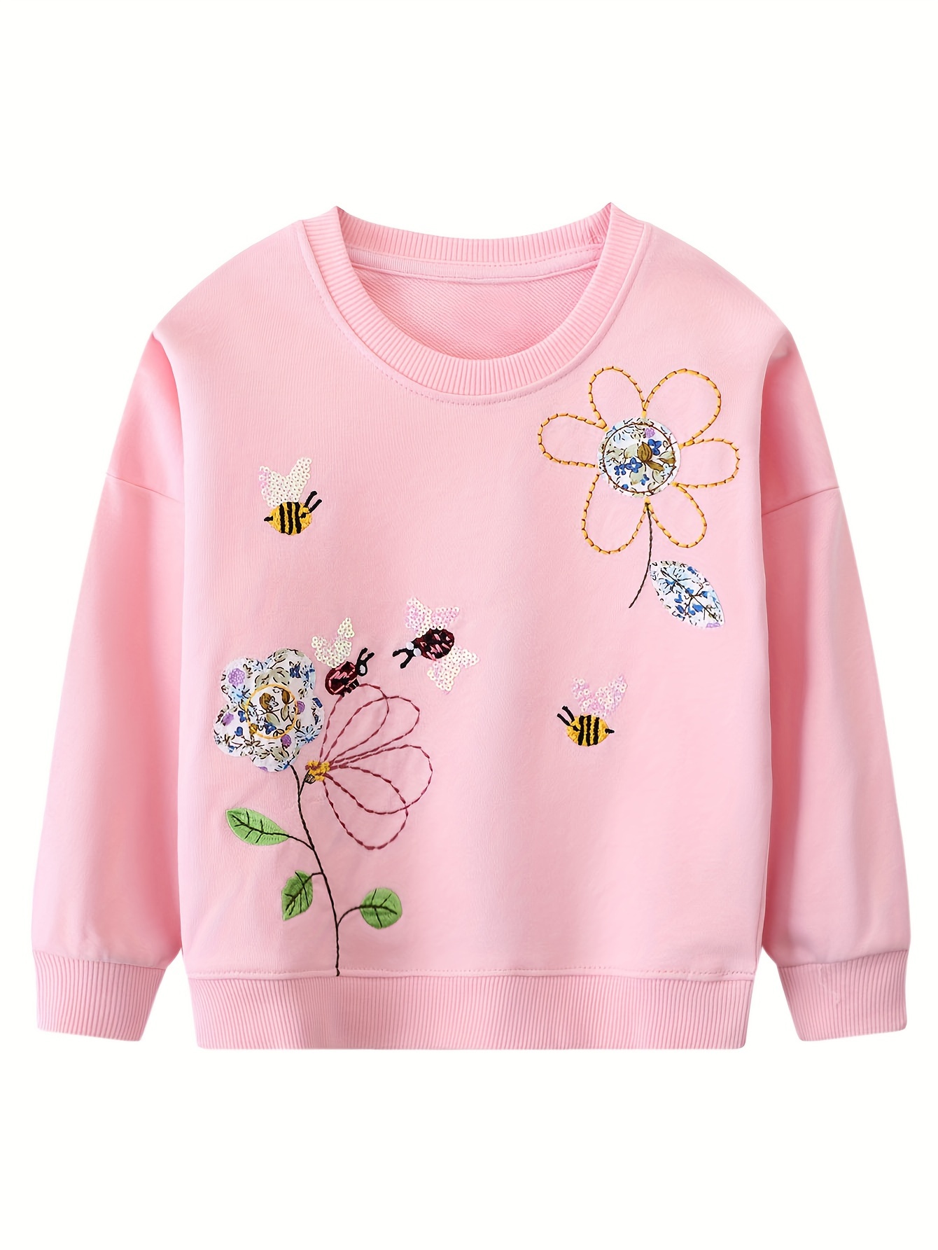 Spring and Autumn Style Girls' Pink Long Sleeve Sweatshirt Cartoon Little Bee Flowers Sequin Embroidery Cotton Soft Casual Youngsters's Sports Shirt Off-Shoulder Sleeves, Chest Measurement Method: The seam between the sleeve and shoulder bottom, 1.5cm edge-to-edge flatness all around