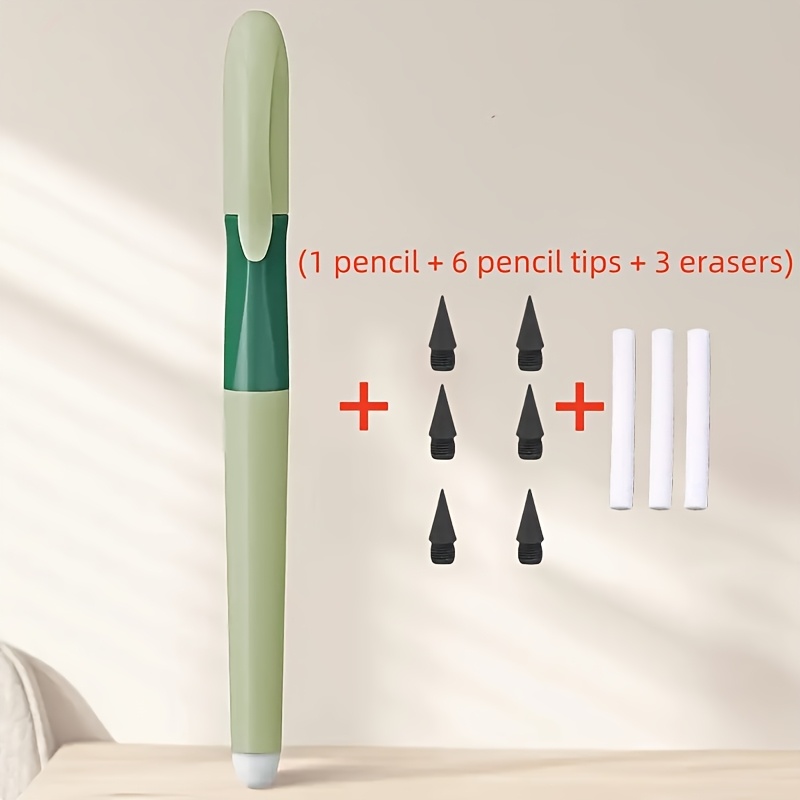 10pcs/set (1pc Pencil And 6pcs Lead And 3pcs Erasers), Durable Non-sharpening Pencil, Built-in Eraser - Visually Appealing, Ideal For Drawing And Writing, Back-to-school Supplies