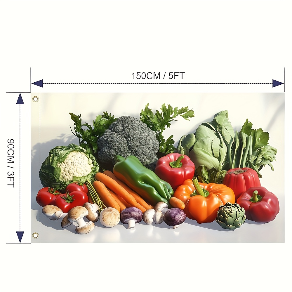 TEMU 1pc Vibrant Vegetable Flag - 100% Polyester, Colorful Display Of Bell Peppers, Carrots, Broccoli, Cauliflower, Mushrooms, And More - Ideal For