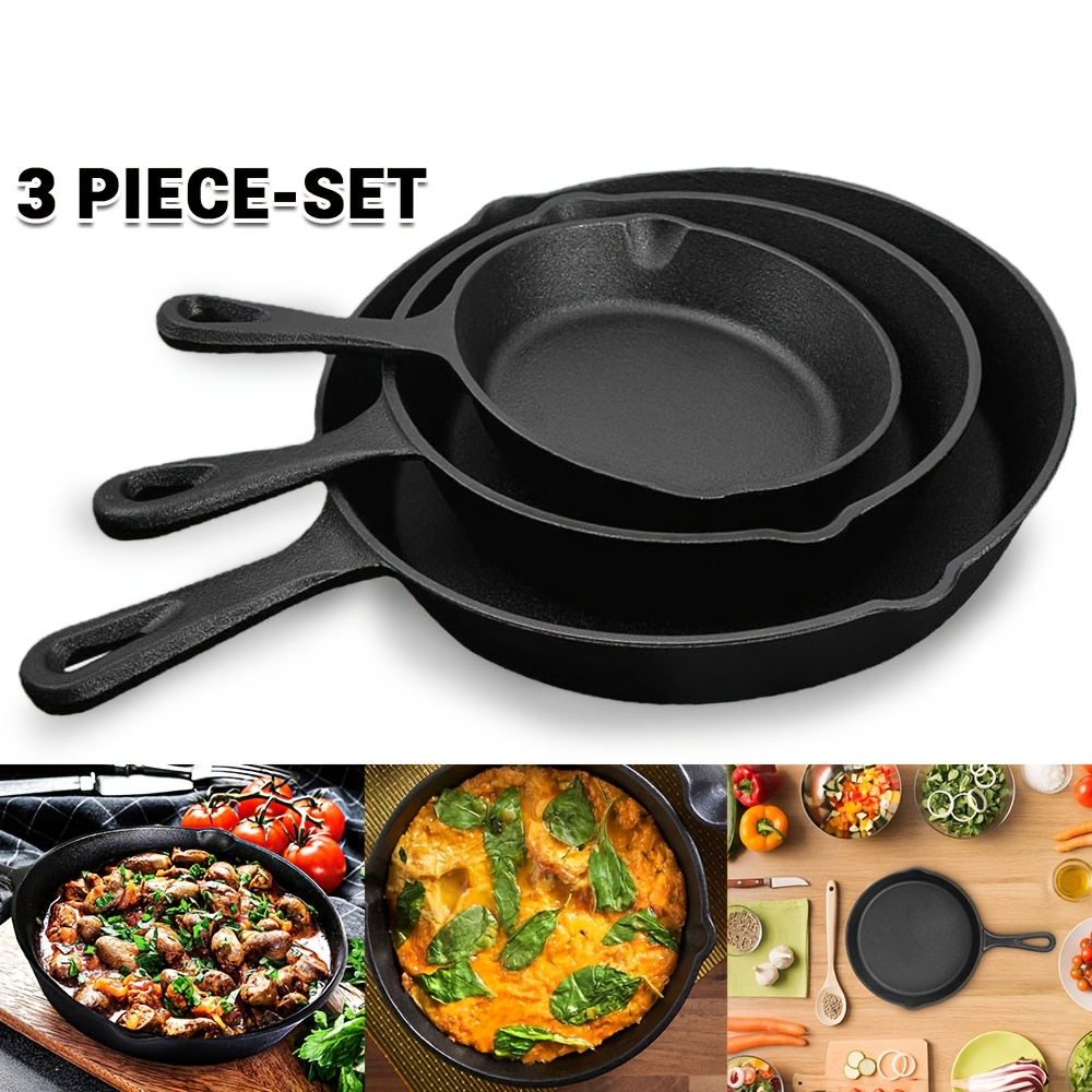 

3pcs, Frying Pan Set, Induction Cookware, 26cm&21cm&17cm Frying Pans With Spouts For Kitchen, Dining & Hotel Use - Compatible With Gas, Electric, Glass & Oven Cooking - Uncharged Cookware