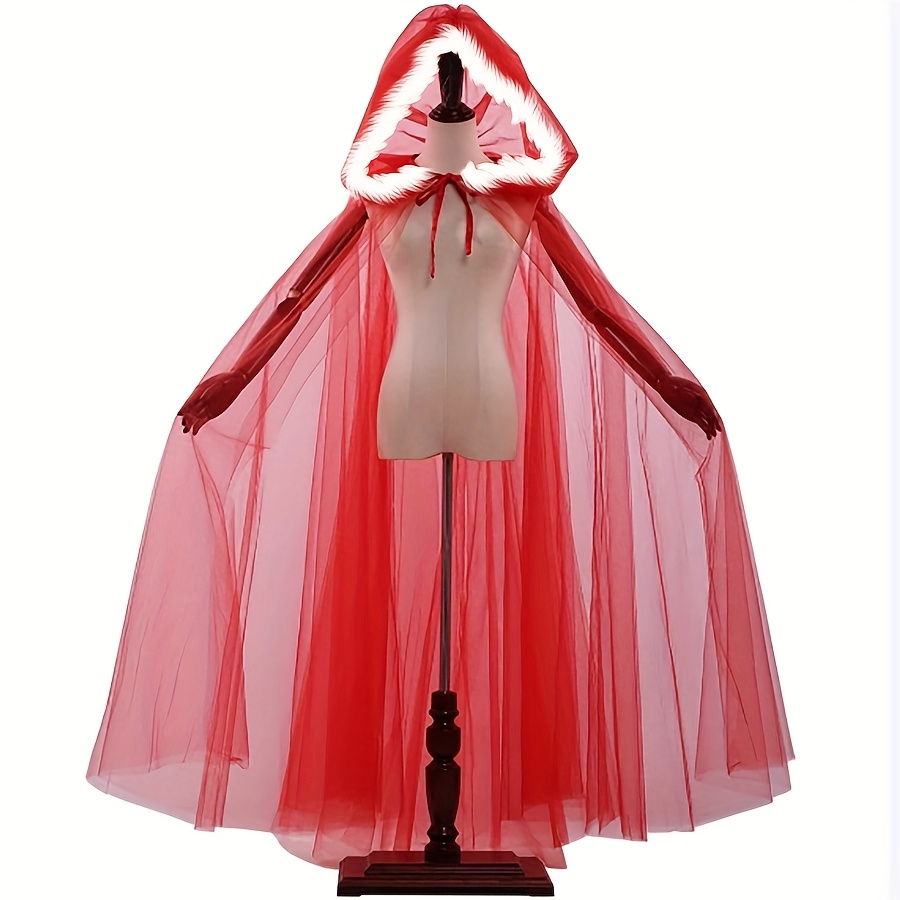 TEMU 1pc Red Lace Cape, Double-layer Lace Cloak Elegant Long Mesh Poncho With Hood - Tying Style, Solid Color Shawl For Role-play And Stage