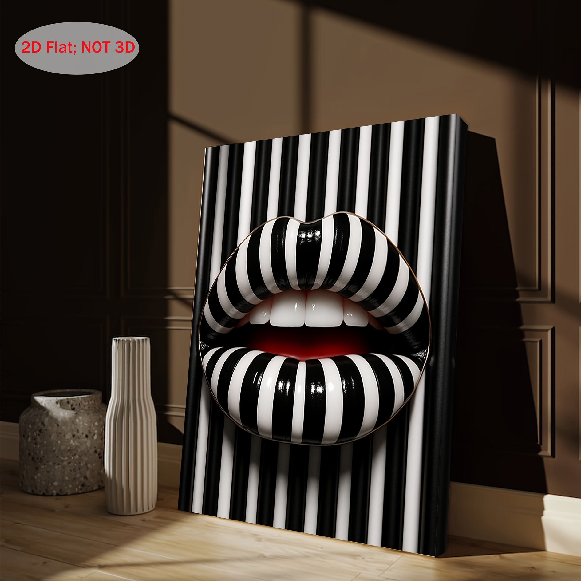 TEMU 2d Flat, Posters And Prints 2d Flat, 2d Flat, 1pc 2d Flat Frame Canvas Artwork Featuring Striped Lips, This Black And White Pop Art Piece Is A