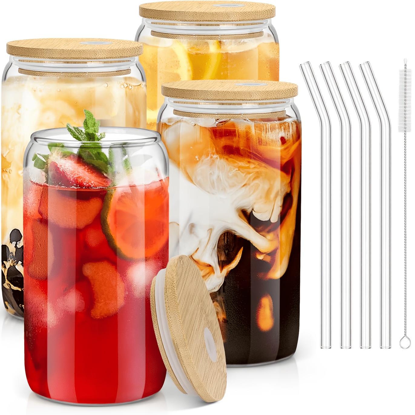 Image of 4pcs 550ml/18.6oz Glass Cup With Lid And Straw, High- Cup, Cold And Hot Resistant, Suitable For Cold Drinks, Coffee, Beer, , Juices, Suitable For Home, Party, And Bar Use.