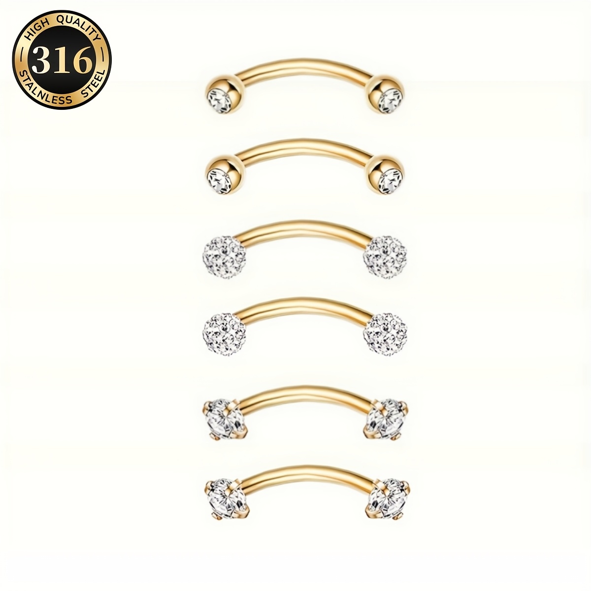 E-shop 6-teiliges Damen-Mode-Edelstahl-Piercing-Set für Augenbrauen, Nase, Labret, Rook, Tragus, 16G Multifunktionale Body-Piercing-Barbell