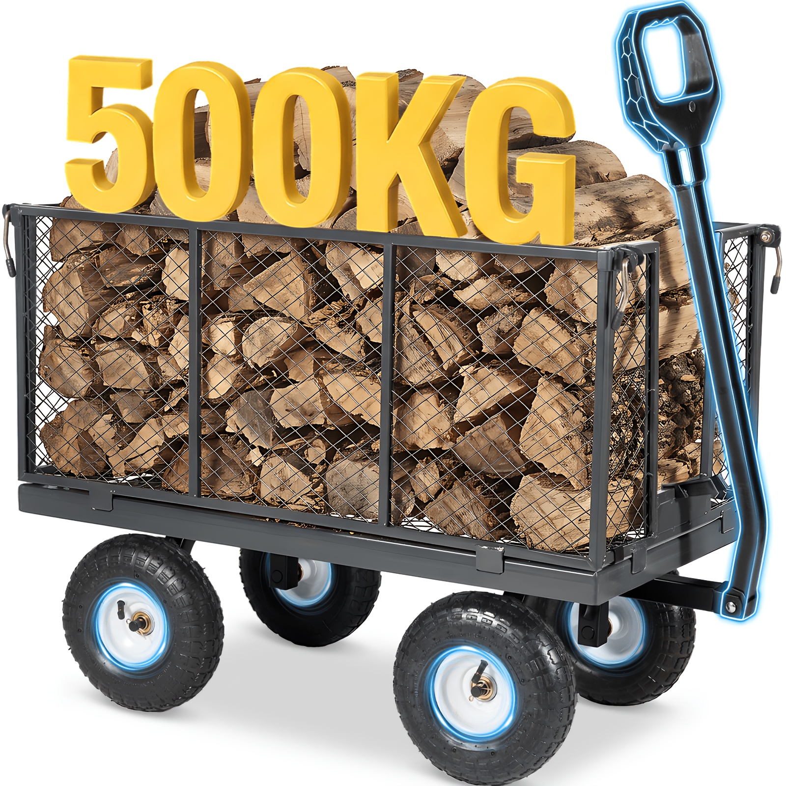 TEMU Originele Heavy-Duty Tuinwagen & Kruiwagen, Laadcapaciteit 500kg/300kg, 3-in-1 Inklapbare Kar & Platformkar, Gepatenteerd Ergonomisch Handvat,