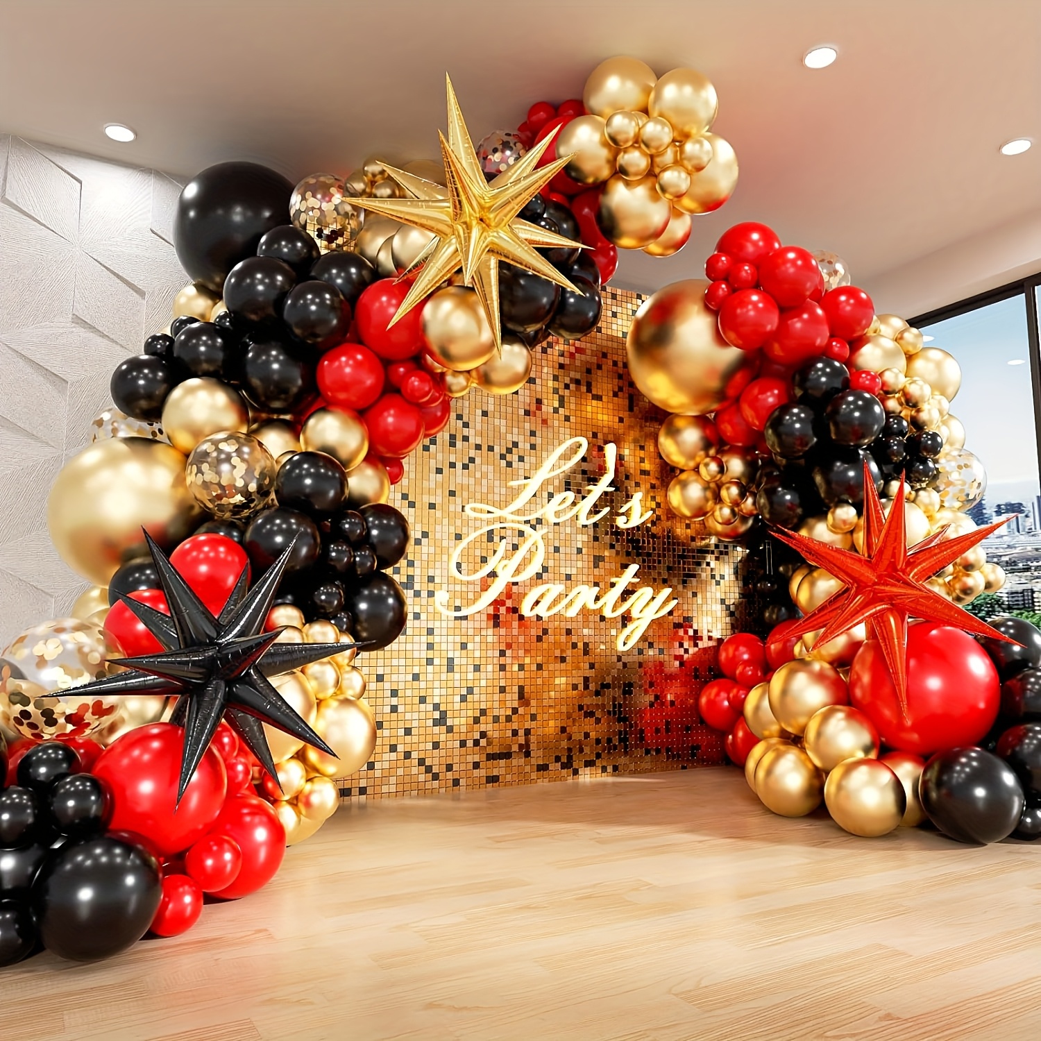 

139pcs Of Balloons In Black, Red, And Golden For Party Decoration, With Exploding Star Aluminum Balloons. Ideal For Graduation Ceremonies And Events To Your Celebration, Birthdays And Sweet .