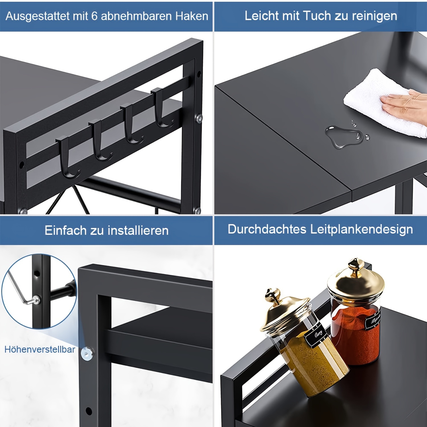 Kitchen Shelf, 40-64cm Extendable Microwave Shelf With 6 Hooks, 32cm/42cm Height-adjustable Microwave Stand, 30kg Load-bearing Microwave Oven Shelf, Microwave Oven Shelf, Spice Rack, Microwave Holder, Kitchen Storage Rack