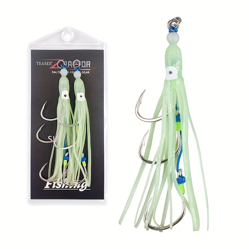 2pcs/bag 2/0 3/0 4/0 Soft Squid Skewer Hook Saltwater Triple Fishing Sharp Hook Glow Metal Assist Octopus Hooks