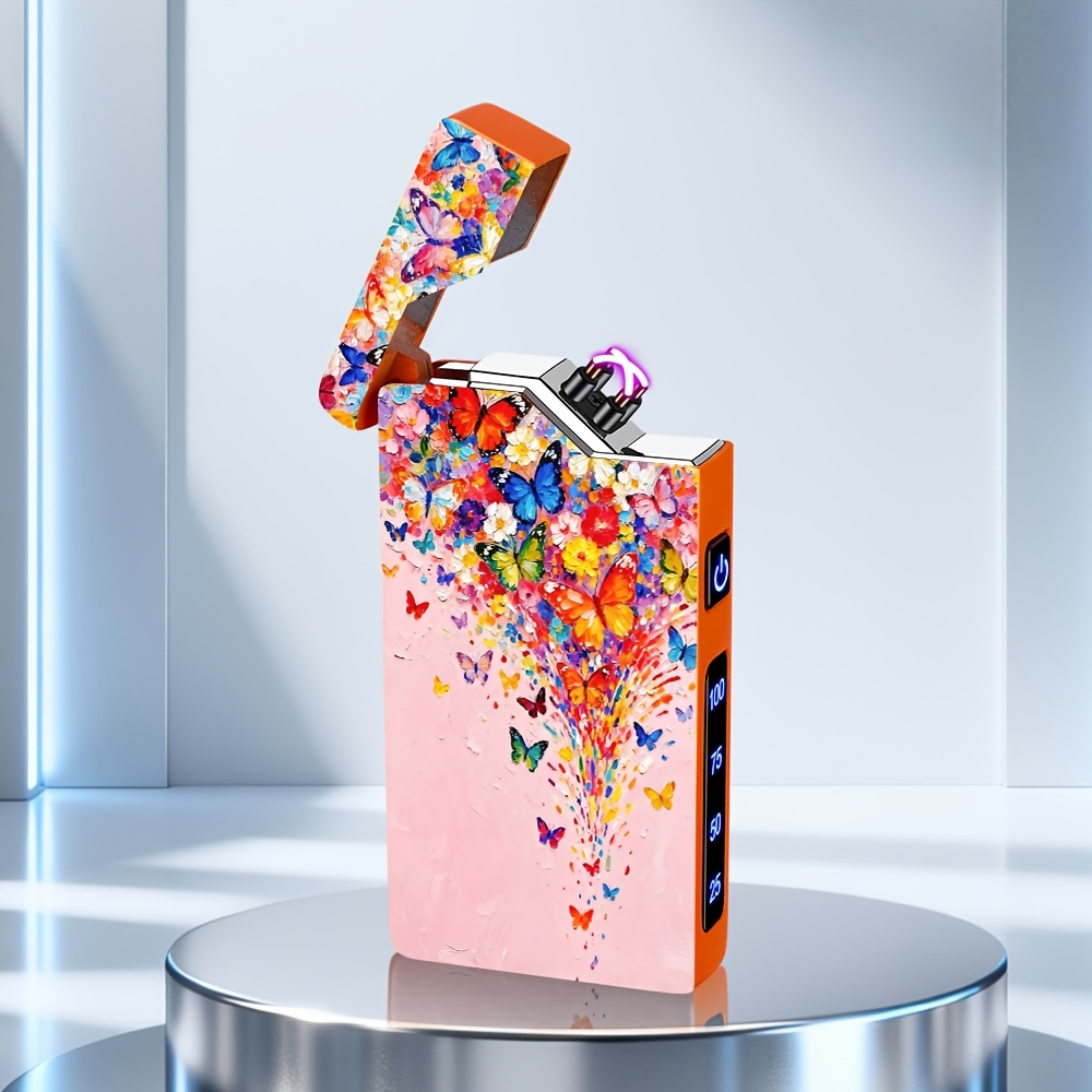 TEMU 1pc Stylish And Exquisite Rechargeable Electronic Lighter With Power Display, Dual Arc For Outdoor Use, Pink Wall Pattern Print