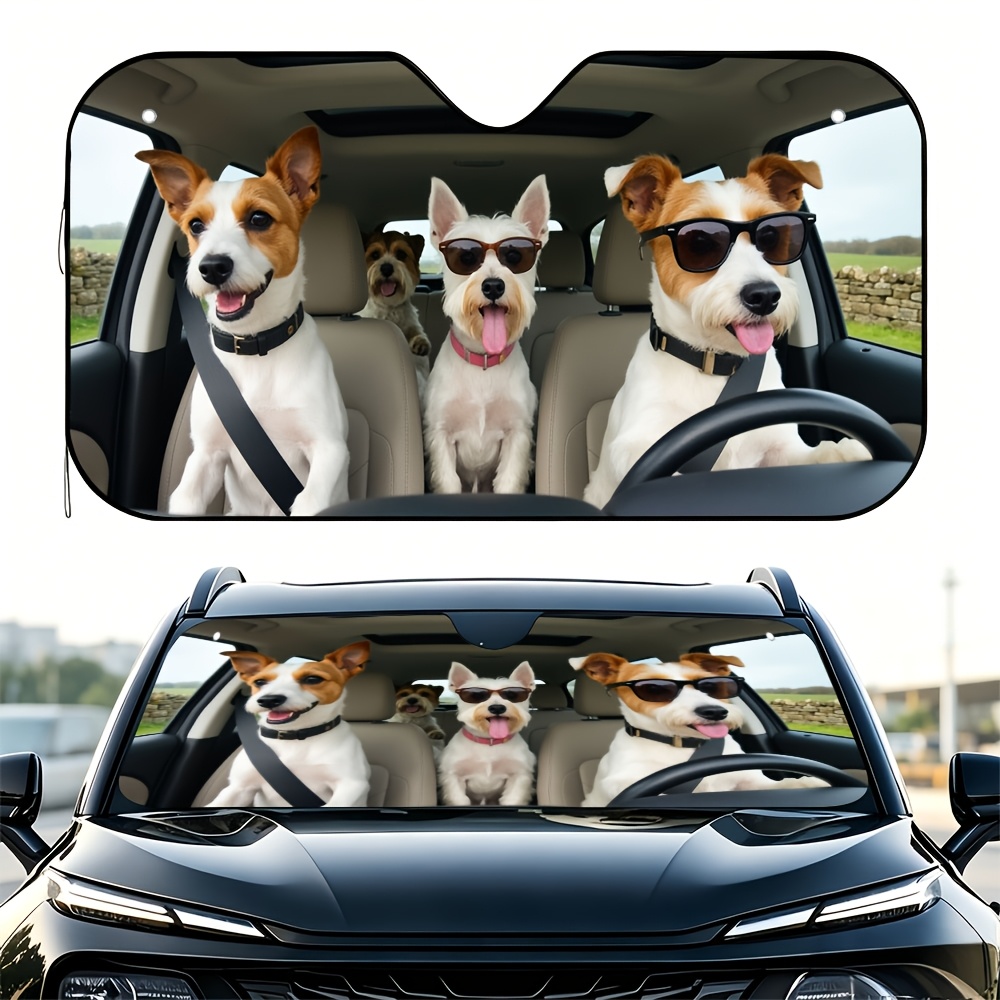 TEMU 1pc, Terrier Family Themed Print Car Front Windshield Sunshade, Suitable For Car Decoration And Interior Protection - Foldable Sunshade For